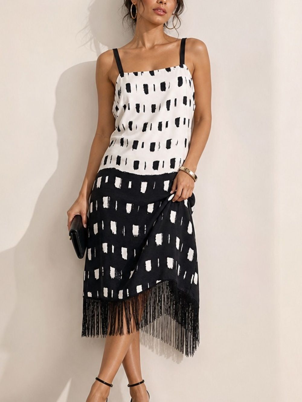 Paz Torras Black And White Party Cocktail Sleeveless Fringe Midi Dress Size M